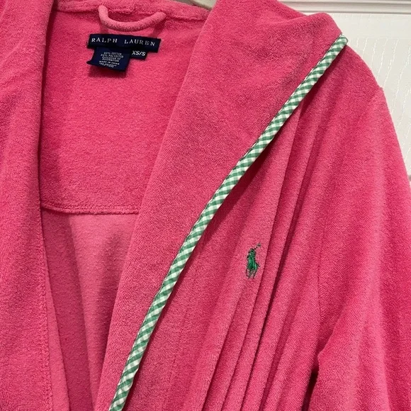 RALPH LAUREN Terry Cloth Bathrobe Hot Pink Green Gingham Womens Size XS Small - Picture 6 of 9
